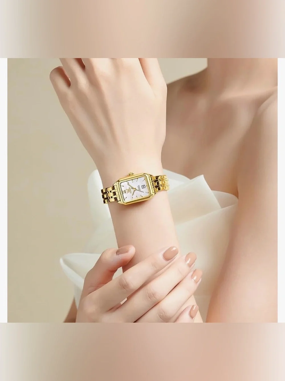 OLEVS Women Gold Rectangular Quartz Watch Mother of Pearl Dial Date Display NWT
